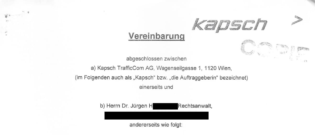 Vertrag zwischen Kapsch TrafficCom und dem Rechtsanwalt