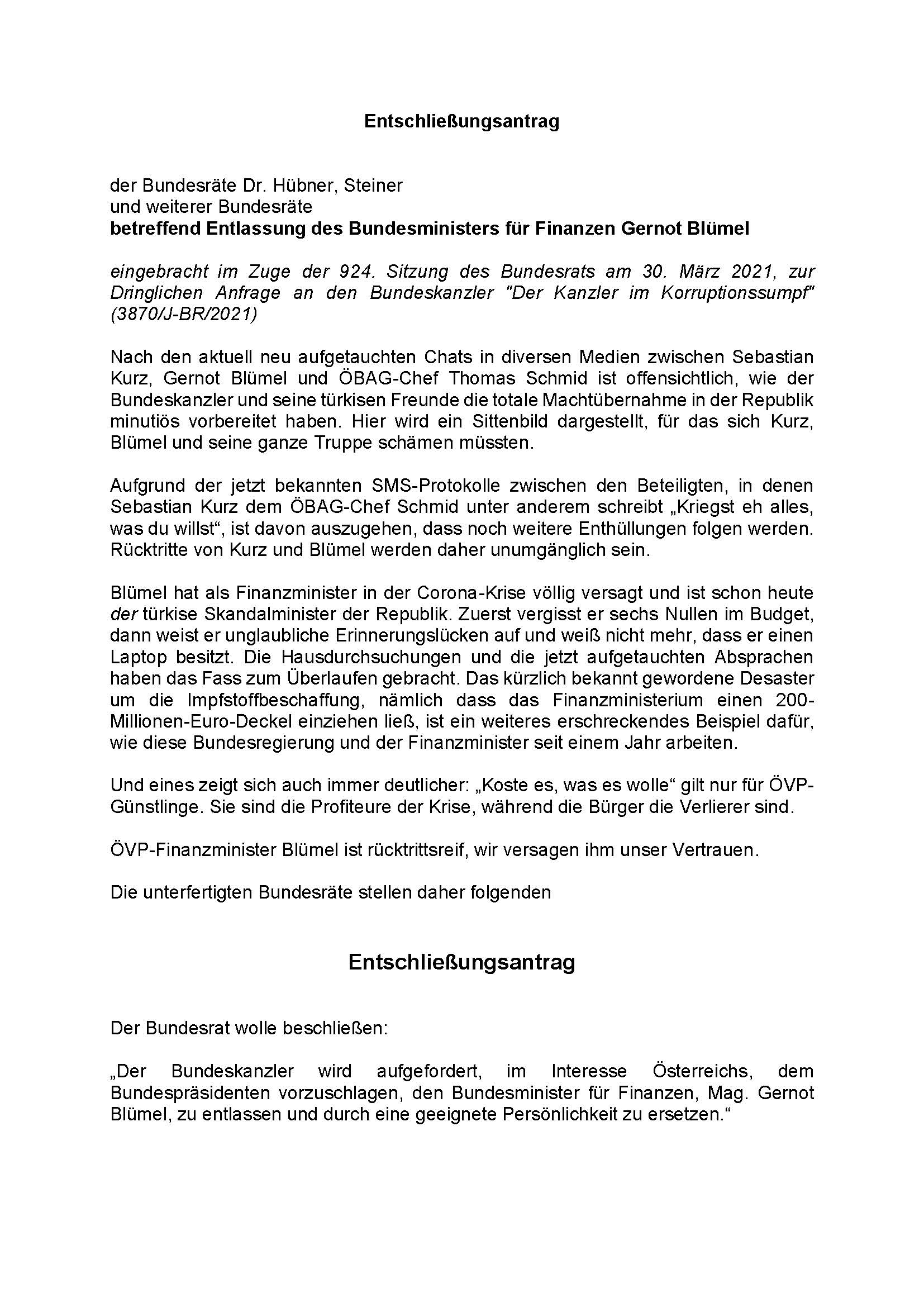Bundesrat - Entschließungsantrag Johannes Hübner - Misstrauensantrag Finanzminister Blümel
