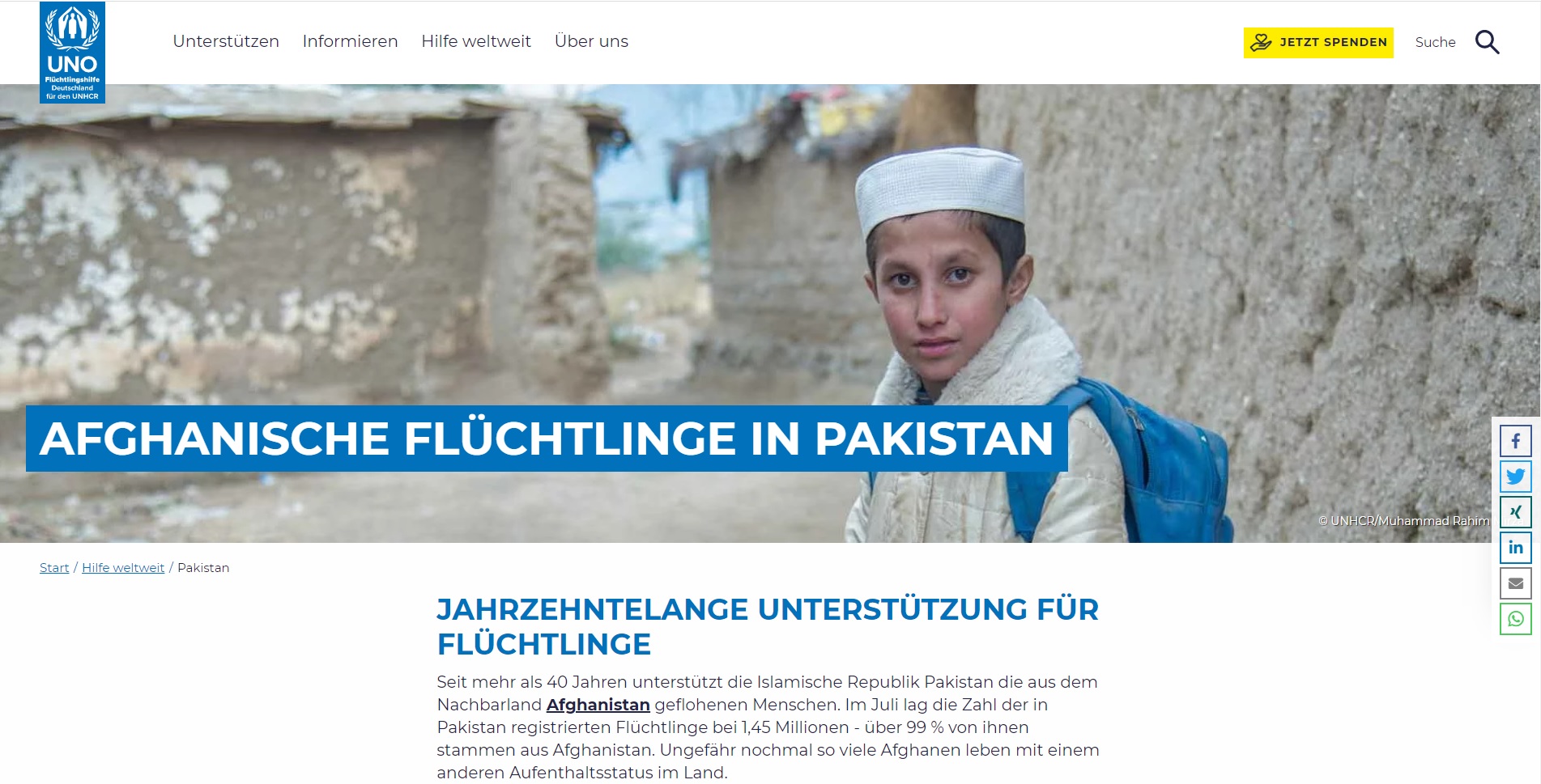 Screenshot UNHCR - Afghanische Flüchtlinge in Pakistan